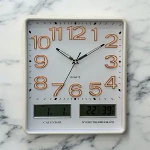 홈컴퍼니 무소음 사각 온도 습도 날짜 인테리어 건전지 야광 LCD 벽시계 34CM
