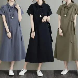 아레니아 여름 원피스 롱 린넨 가을 반팔 면 칼라 캐주얼 데일리룩 엄마 여성 임산부 K1878 마원 넨반팔 박