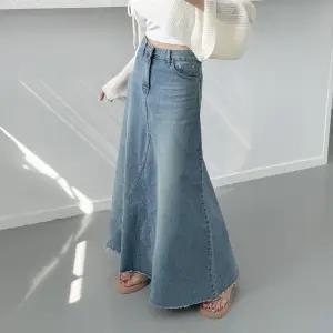 여자 청치마 플레어 A라인 컷팅 절개 데님 롱스커트