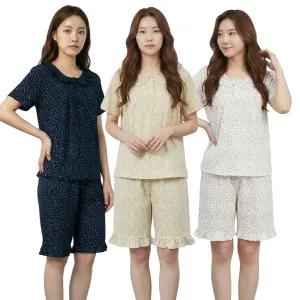 꽃 넥프릴 잠옷세트 여성 반팔 반바지 파자마 한벌 여자 홈웨어 실내복 상하의세트