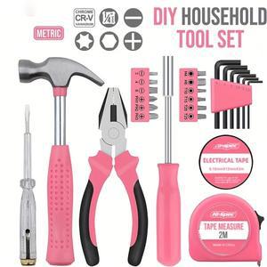 펜치, 줄자 망치 및 기타 도구를 포함한 13개의 핑크색 가정용 수동 상자는 집 수리에 사용할 수 있습니다
