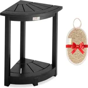 빅토리 릴렉스 아카시아 나무 코너 샤워 스툴 - 수납 선반과 면도용 비누 접시가 있는 방수 삼각형 욕실