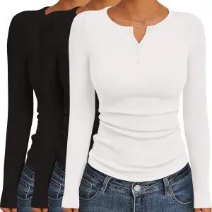 에쿠아르 여성용 긴팔 셔츠 3팩 헨리 버튼 다운 탑 골지 슬림 핏 기본 레이어 소프트 써멀 티