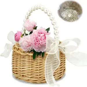 플라워 걸 바구니 - 진주 손잡이와 레이스 보우가 있는 직조 라탄 웨딩 결혼식 파티를 위한 소박한 우아한