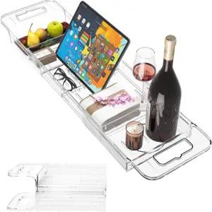 리사이즈 프리미엄 클리어 욕조 캐디 트레이 BPA 프리 방수 접이식 선반이 있는 확장 가능한 플라스틱