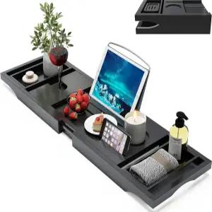 고급 목욕을 위한 대나무 욕조 캐디 트레이 확장 가능 와인잔 홀더가 있는 액세서리 및 테이블 남성/여성용