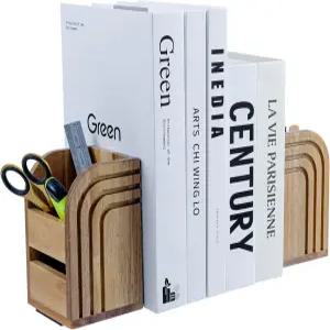 마이기프트 프리미엄 아카시아 솔리드 우드 북엔드와 현대적인 에칭 아치 디자인의 연필 홀더 오피스