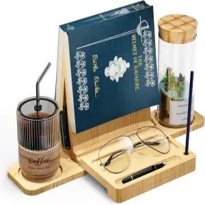 삼각형 책꽂이 스탠드 나무 책 구석 독서 발렛 컵과 함께하는 휴식 안경 및 펜 홀더 침대에서 읽을 수 있는