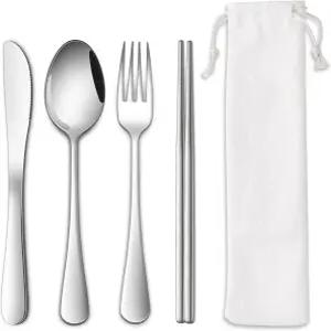 파우치가 포함된 DEHOV 여행 도구 세트 재사용 가능한 휴대용 캠핑 실버웨어 피크닉용 나이프 스푼 포크