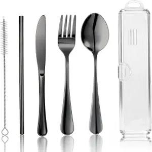 케이스 포함 여행용 캠핑 도구 재사용 가능한 스테인리스 스틸 은 식기 세트 6개 스푼 포크 나이프