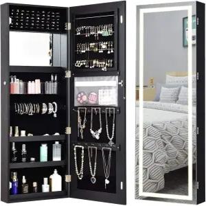 오피스조이 47.5인치 벽/도어 장착 주얼리 미러 캐비닛 높이 조절 가능한 3개 잠금식 아무어 LED