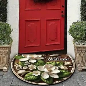 [골드스마일]화이트 플라워 반원매트 90x60cm 현관 포인트 러그 발매트