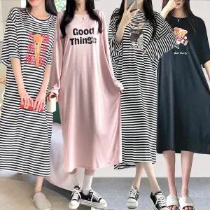 곰돌이원피스잠옷/베어롱원피스/긴팔/반팔/롱맥시/빅사이즈/수면잠옷/루즈핏/오버핏/단가라/스트라이프/여름/바캉스/여행3