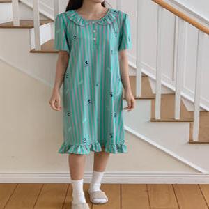 (무배)디즈니 미키 스트라이프 프릴 반팔 편한 스판 홈웨어 원피스 잠옷