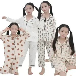아동 긴팔 잠옷 세트 포포면 가을 긴바지 곰돌이 파자마 주니어 어린이 여아 유아 실내복 홈웨어 set 카라 단추
