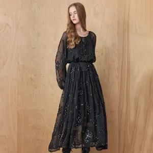 [MAXZA] 오팔 스팽글 플라워 자수 쉬폰 롱 원피스