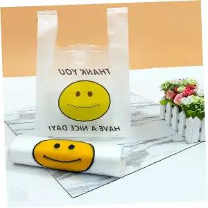 웃는표정 손잡이형 비닐주머니 음식포장 배달용 투명재질 위생봉지 식당용 테이크아웃