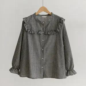 [66-110] 페그 라운드 체크 프릴 블라우스