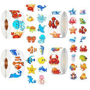 500/1000개 롤 스티커, 어린이용 귀여운 만화 물고기, 바다 해양 동물 교사 보상 및 학교용 캐릭터 라벨