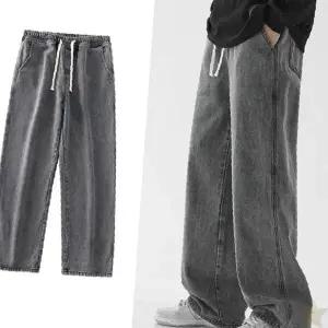 남성 캐주얼 와이드 핏 밴딩 허리 편안한 데님 팬츠 청바지 루즈핏 일자 통넓은