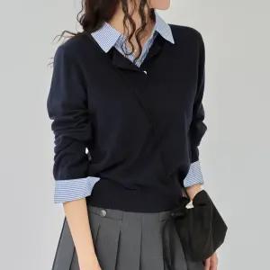 [더나무그림] 여성 스트라이프 셔츠 레이어드 니트 NCP1KT005 에브리셔츠니트R2