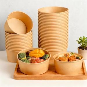 20 40PCS 크래프트 종이 그릇 과일 일회용 테이크아웃 음식 점심 샐러드 준비