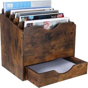 파일 폴더 메일 봉투 우편물 또는 잡지용 6칸 앤티크 브라운 서랍이 있는 PAG 우드 데스크톱 홀더 정리함