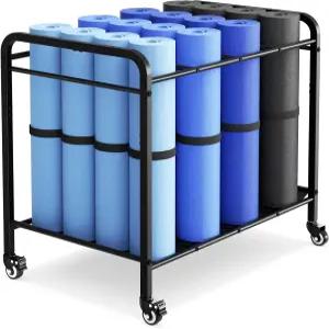 휠이 있는 블랙 요가 매트 보관 랙 바구니 폼 롤러 덤벨 케틀벨을 위한 바닥에 서 금속 카트 운동 장비