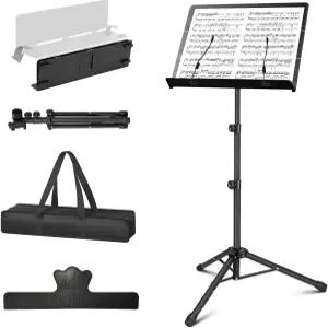 휴대용 접이식 악보대 메탈 3단 패널 높이 조절 보면대 가방 세트 고정 클립 홀더 일체형 버스킹용