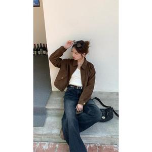 스위트 쿨 브라운 호환 스웨이드 숏 재킷 봄 가을 여성용 숏 지퍼 칼라 아메리칸 레트로 복고풍 엔틱 탑 통