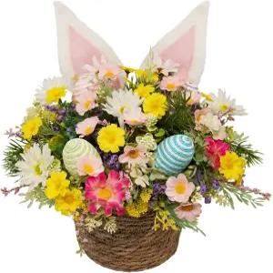 폭신한 토끼 귀를 가진 wwmira 부활절 바구니 - 직조 라탄 알과 꽃이 있는 스프링 테이블 중앙 장식 농가