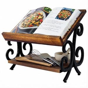 마이기프트 2단 러스틱 번드 우드 요리책 스탠드, 빈티지 주철 프레임 u2013 조리대 레시피북 디스플레이 홀더, 주방 정리 및 장식용