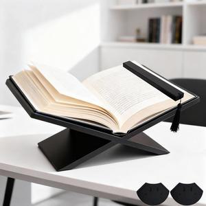 GOVIHOMEX 견고한 나무 책꽂이 - 십자형 호두나무 책꽂이, 전시 및 읽기용 열린 미술, 성경, 요리책, 이젤, 잡지, 교과서(블랙)에 적합합니다