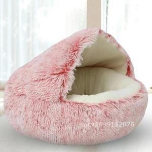후드 커버가있는 둥근 푹신한 고양이 침대 따뜻한 부드러운 플러시 진정 개 실내 또는 작은 개를위한 아늑