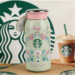 스타벅스에서 영감을 받은 꽃무늬 보온병 350ml 스테인리스 스틸 진공 핑크 뚜껑 귀여운 텀블러 여성용 선