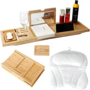 거울과 목욕 베개가 있는 욕조 트레이 테이블 확장 가능하고 접을 수 대나무 소프트 및 4D 메쉬 고급