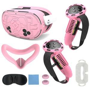 메타 퀘스트 3S와 호환되는 실리콘 커버 7개 세트, 컨트롤러 그립이 있는 VR 헤드셋 쉘 커버, 얼굴 인터페이스 렌즈 보호, TPU 실리콘(핑크)