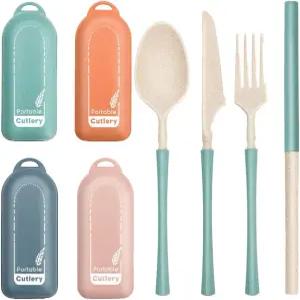 4팩 접이식 식기 세트 케이스 여행용 휴대용 밀 스푼 포크 피크닉 캠핑용 빨대