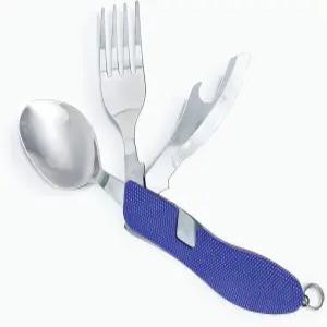 슈위 - 접이식 캠핑 도구 식기 세트 4-in-1 스테인리스 스틸 스푼 포크 나이프 병따개 분리형 포켓 키트