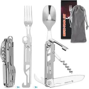 플라이홈 6 in 1 캠핑 도구 세트 스푼 포크 나이프 병따개가 포함된 탈착식 휴대용 플랫웨어 멀티툴 야외