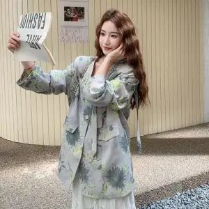 회색 가을 여사친 재킷 코트 프렌치 웨스트 정장 로맨틱한 브이넥 프린트 부드럽고 DUCHI3