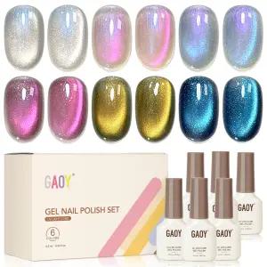GAOY 캣 젤 네일 폴리시 세트 6가지 색상 블루 실버 핑크 홀로그램 글리터 자석 아트를 위한 자외선 경화제
