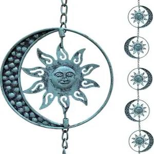 포조 태양과 달 장식 레인 체인 배수구용 8.5피트 금속 정원 차임 외부 다운스팟용 기능성 대체 캐처