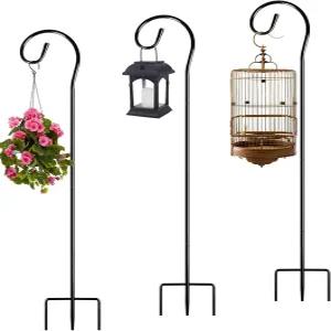 야외용 3피스 셰퍼드 후크 32인치 금속 새 모이통 폴 블랙 가든 식물 바구니 걸이용 태양광 조명 랜턴
