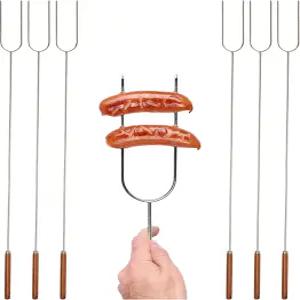 코글란의 캠프파이어 로스팅 포크 6팩 ？ 40인치 스테인리스 스틸 마시멜로 스틱 나무 손잡이 튼튼한 핫도그