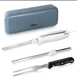 전기 칼 톱니 모양의 스테인리스 스틸 칼날 두 개가 달린 조각 세트 포크 미끄럼 방지 손잡이 안전 잠금