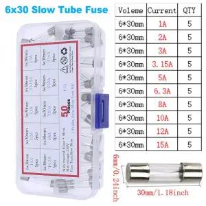 유리관퓨즈 휴즈 50개 10값 6x30mm T1A-T15A 블로우 유리관 퓨즈 모듬 키트