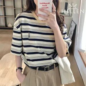 [헬렌] 테디베어 패치 캐주얼 스트라이프 라운드넥 반팔 티셔츠 위니단가라반팔 B-999