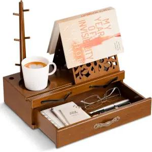 수납이 가능한 조절 나무 책꽂이 다용도 핸즈 무료 컵 슬롯 펜 홈 및 페이지 홀더 책 애호가를 위한 완벽한