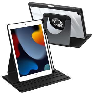 9세대(2021)/8세대(2020)/7세대(2019) 10.2인치용 핀티 360도 회전 케이스 - 펜슬 홀더가 있는 보호 스탠드 투명 뒷면 커버, 블랙
